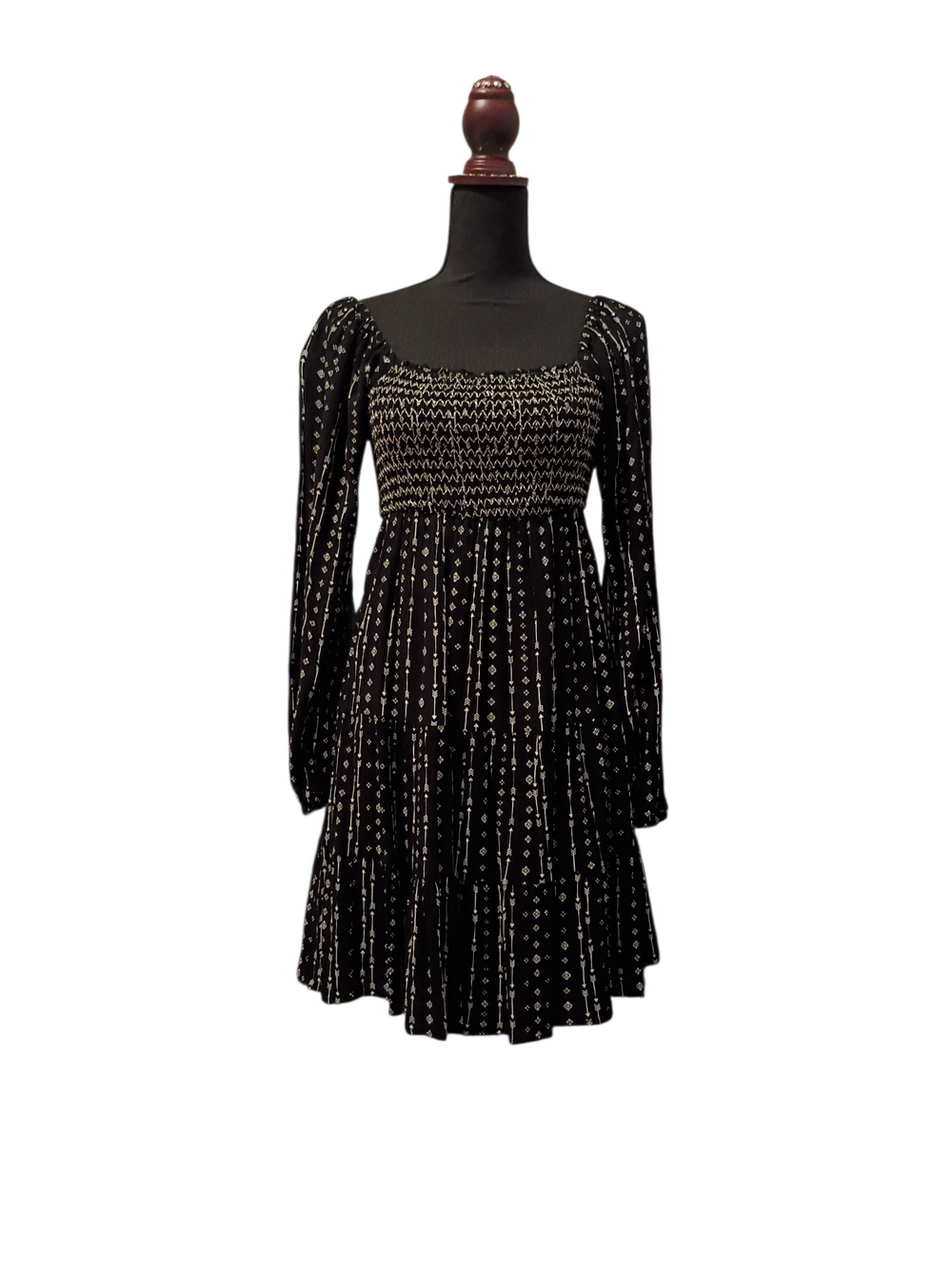 Smocked Black Long-Sleeve Mini Dress with Ivory Print